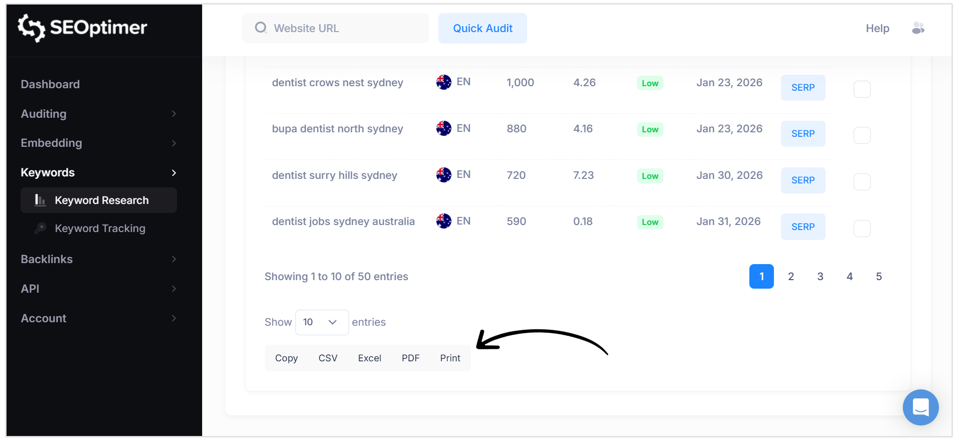 Keyword results export options